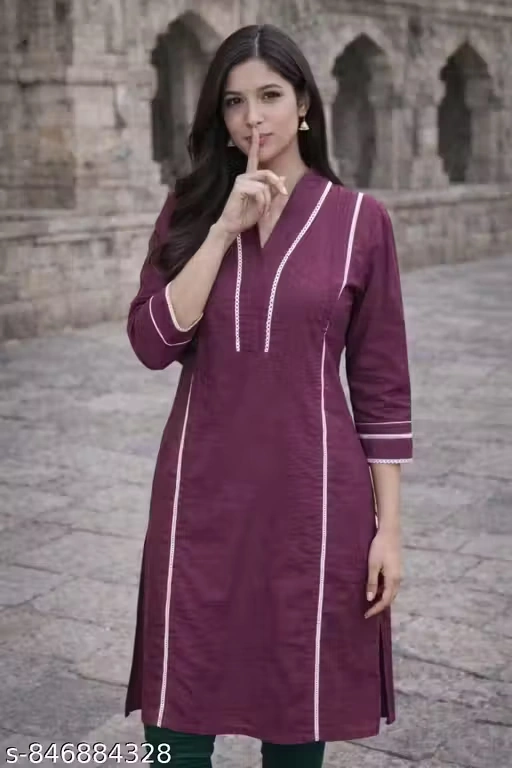 Women Cotton Straight Kurti V Neck 3/4 Sleeve Lace Panel Design Side Slit Daily Wear Kurta