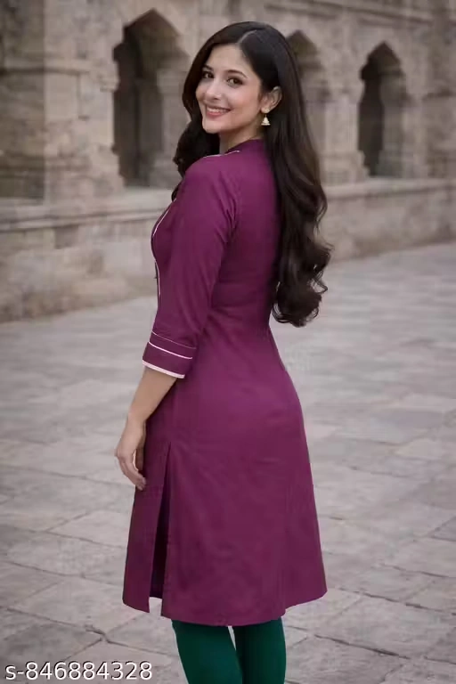 Women Cotton Straight Kurti V Neck 3/4 Sleeve Lace Panel Design Side Slit Daily Wear Kurta