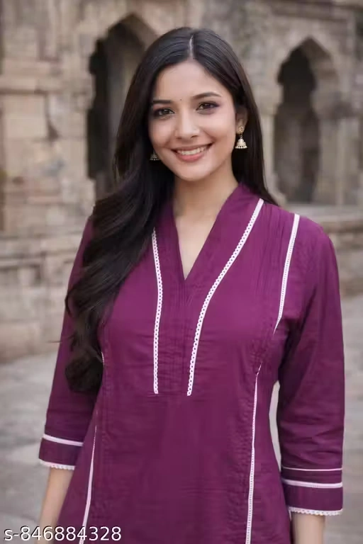 Women Cotton Straight Kurti V Neck 3/4 Sleeve Lace Panel Design Side Slit Daily Wear Kurta