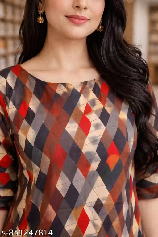 Women Printed Short Kurti Top for Women Casual Wear | Geometric Diamond Print Straight Kurti | 3/4 Sleeve Round Neck Tunic Top for Girls | Daily Wear Office Wear Kurti Top
