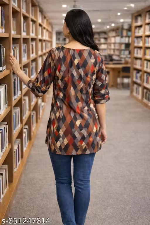 Women Printed Short Kurti Top for Women Casual Wear | Geometric Diamond Print Straight Kurti | 3/4 Sleeve Round Neck Tunic Top for Girls | Daily Wear Office Wear Kurti Top