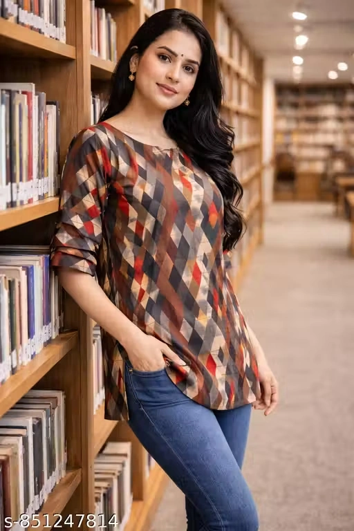 Women Printed Short Kurti Top for Women Casual Wear | Geometric Diamond Print Straight Kurti | 3/4 Sleeve Round Neck Tunic Top for Girls | Daily Wear Office Wear Kurti Top