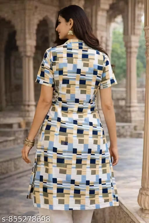 Women Geometric Printed Cotton Blend Shirt Style Kurti | Button-Down A-Line Kurta | Casual Office Wear Straight Kurti for Women & Girls
