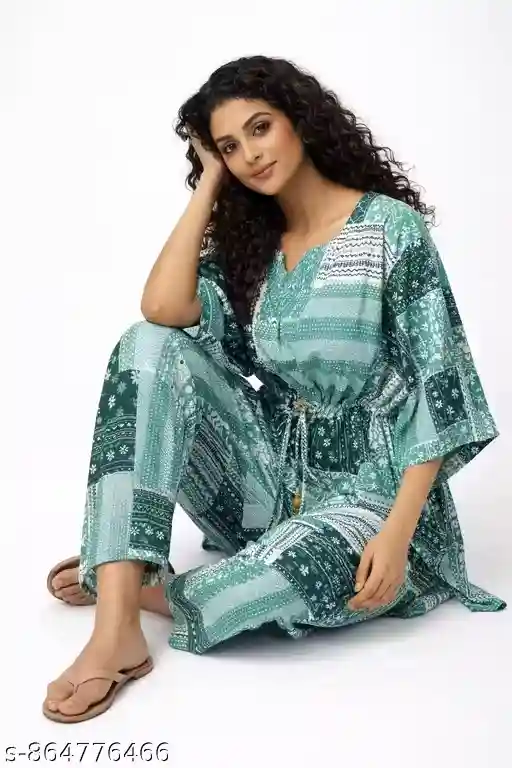 Women Cotton Kaftan Co-ord Set Printed Green Lounge Wear Kaftan Kurta Pant Set Free Size L to XXXL Adjustable Waist Stylish Kaftan Set