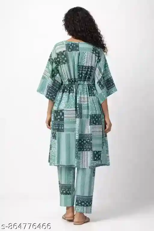Women Cotton Kaftan Co-ord Set Printed Green Lounge Wear Kaftan Kurta Pant Set Free Size L to XXXL Adjustable Waist Stylish Kaftan Set
