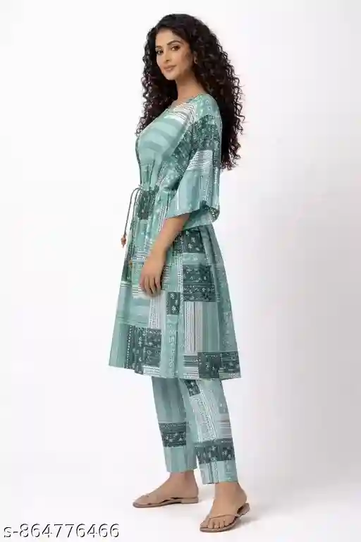 Women Cotton Kaftan Co-ord Set Printed Green Lounge Wear Kaftan Kurta Pant Set Free Size L to XXXL Adjustable Waist Stylish Kaftan Set