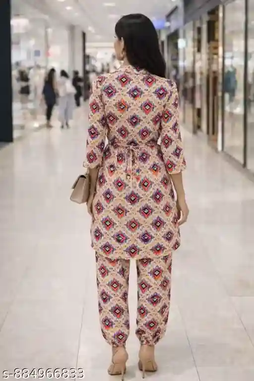Effortlessly Elegant Printed Cotton Co-ord Set with Belted Kurti and Relaxed Fit Pants for Everyday Comfort and Modern Styling