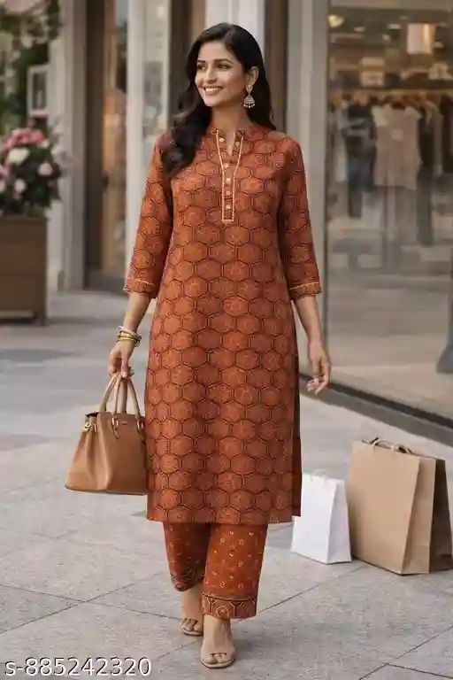 Premium Cotton Kurti Pant Set with Hexag...