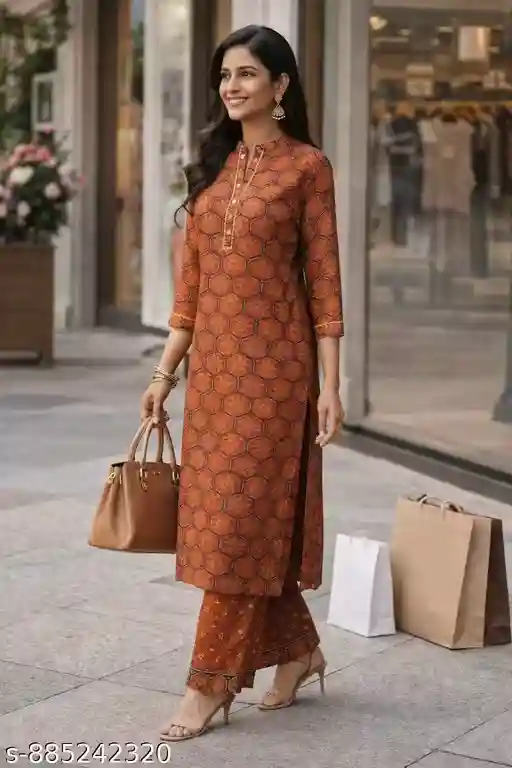 Premium Cotton Kurti Pant Set with Hexagonal Floral Print, Straight Fit Kurta with Buttoned Placket, Three-Quarter Sleeves, Coordinated Printed Pants, Festive Wear, Ethnic Office Wear, Casual Outing Outfit for Women