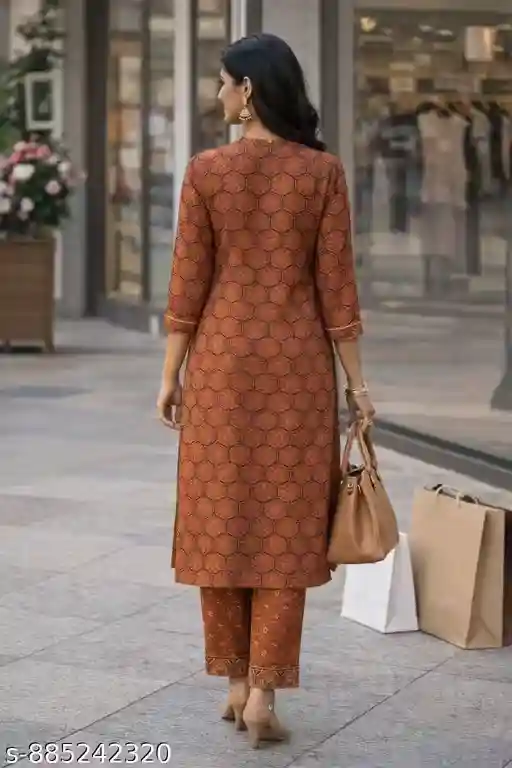 Premium Cotton Kurti Pant Set with Hexagonal Floral Print, Straight Fit Kurta with Buttoned Placket, Three-Quarter Sleeves, Coordinated Printed Pants, Festive Wear, Ethnic Office Wear, Casual Outing Outfit for Women