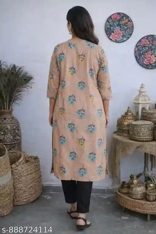 Women’s Cotton Printed Straight Kurti 3/4 Sleeve Calf Length Tunic with Mandarin Collar Button Placket Floral Buta Motif Casual Wear Office Wear Ethnic Fusion Top for Women