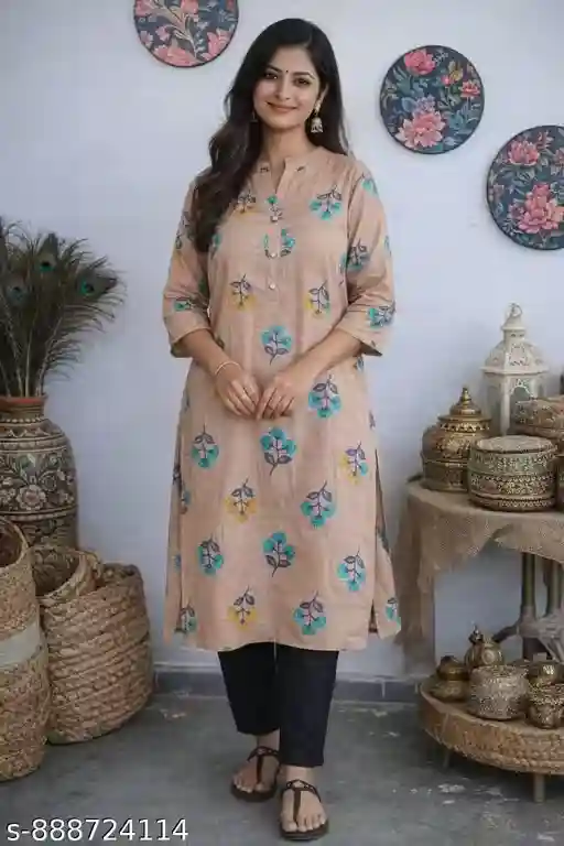 Women’s Cotton Printed Straight Kurti 3/4 Sleeve Calf Length Tunic with Mandarin Collar Button Placket Floral Buta Motif Casual Wear Office Wear Ethnic Fusion Top for Women