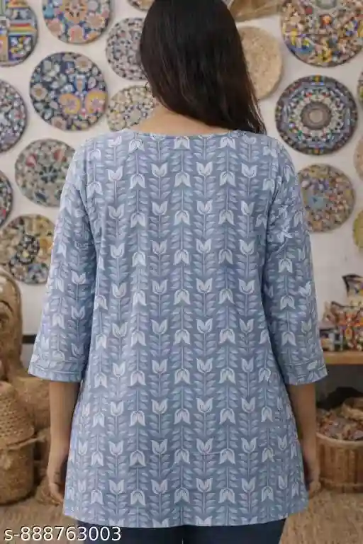 Women’s Cotton Printed Tunic Top Blue Floral Vine Motif Straight Fit Kurti Top with 3/4 Sleeves Notch Neck Short Kurti Casual Wear Office Wear Ethnic Fusion Top for Women