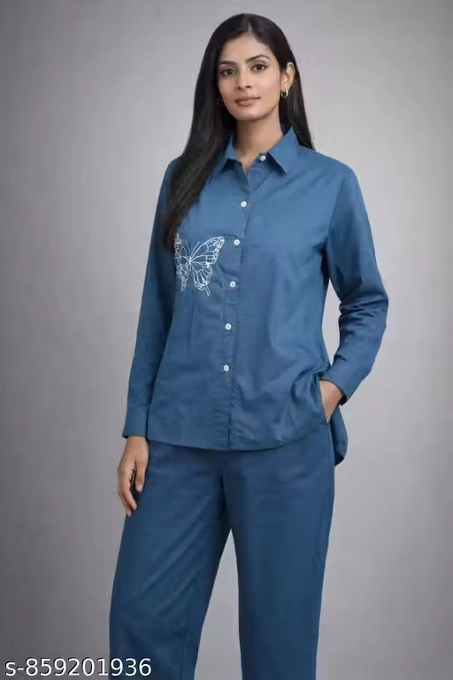 Women Solid Cotton Co-Ord Set with Butterfly Print Shirt & Wide Leg Pant | Full Sleeve Collar Shirt Set for Casual Wear Office Wear Daily Wear Outfit