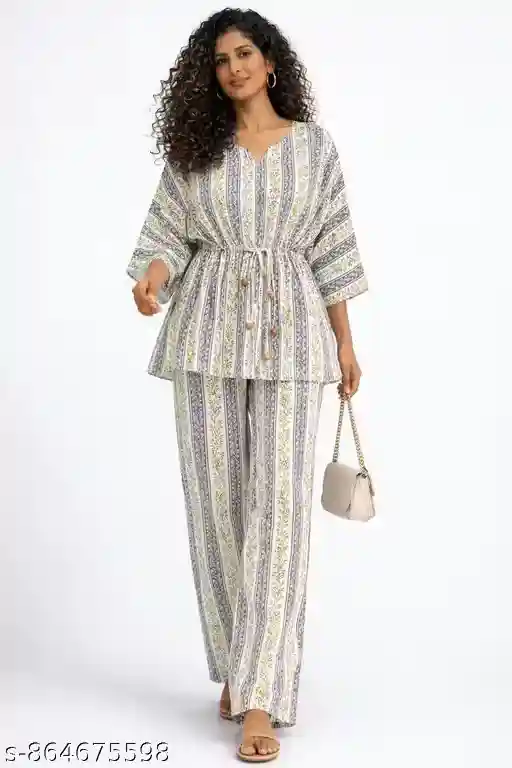 Women Cotton Printed Kaftan Co-Ord Set | Free Size L to XXXL | Striped Floral Print Kaftan Top with Palazzo Pants | Loose Fit Lounge Wear Set for Women
