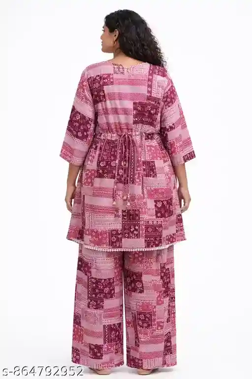 Women Cotton Kaftan Co-ord Set Printed Pink Patchwork Kaftan Top with Palazzo Pants Free Size L to XXXL Lounge Wear Nightwear Set