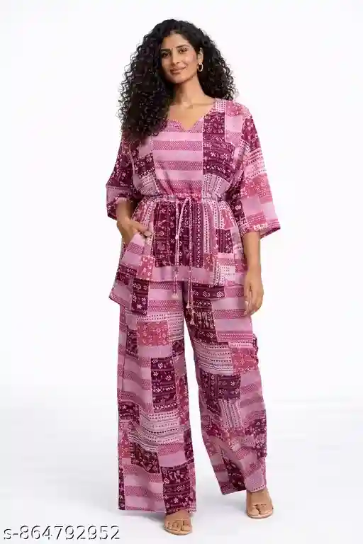 Women Cotton Kaftan Co-ord Set Printed Pink Patchwork Kaftan Top with Palazzo Pants Free Size L to XXXL Lounge Wear Nightwear Set