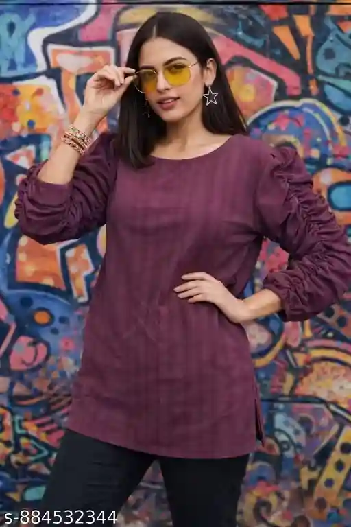Cotton Kurti Top for Women | Straight Fit Long Tunic Top | Solid Textured Kurti with Ruched Puff Sleeves | Casual Office Wear Kurta Top for Girls | Round Neck Long Top with Side Slits | Stylish Western Ethnic Fusion Kurti