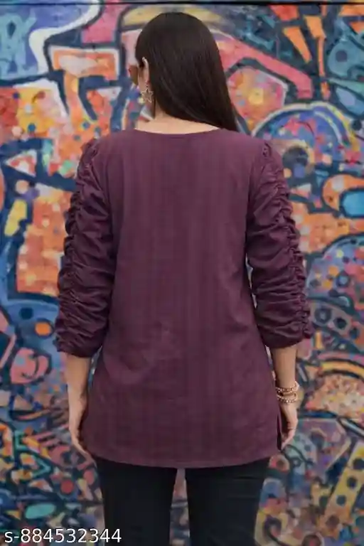 Cotton Kurti Top for Women | Straight Fit Long Tunic Top | Solid Textured Kurti with Ruched Puff Sleeves | Casual Office Wear Kurta Top for Girls | Round Neck Long Top with Side Slits | Stylish Western Ethnic Fusion Kurti