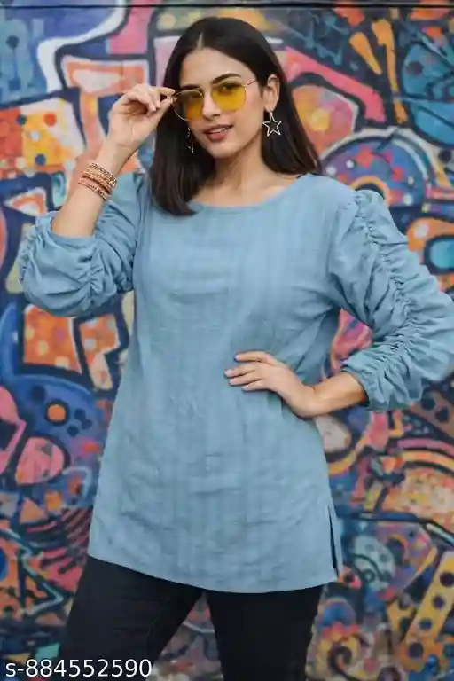 Cotton Kurti Top for Women | Straight Fit Long Tunic Top | Solid Textured Kurti with Ruched Puff Sleeves | Casual Office Wear Kurta Top for Girls | Round Neck Long Top with Side Slits | Stylish Western Ethnic Fusion Kurti