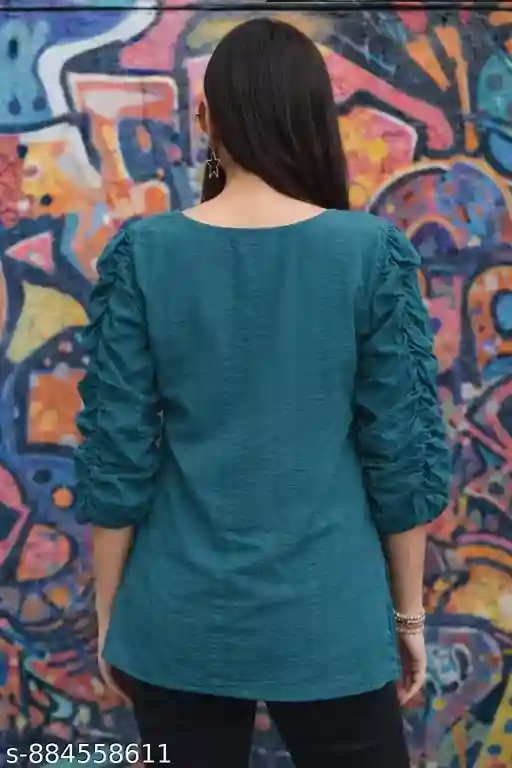 Cotton Kurti Top for Women | Straight Fit Long Tunic Top | Solid Textured Kurti with Ruched Puff Sleeves | Casual Office Wear Kurta Top for Girls | Round Neck Long Top with Side Slits | Stylish Western Ethnic Fusion Kurti