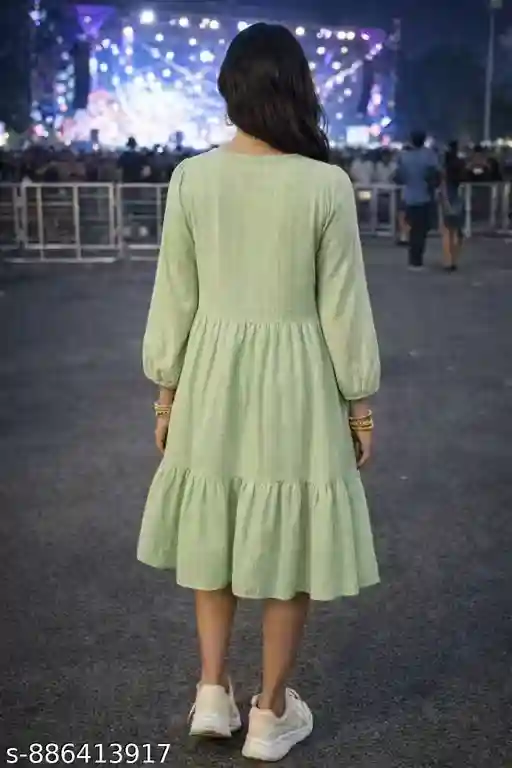 Premium Cotton Textured Knee-Length Dress for Women with V-Neckline, Ruffle Panel Detailing, Three-Quarter Sleeves, Tiered Flare Silhouette, Lightweight Breathable Fabric, Casual Outdoor Party Wear, Street Style Fashion Dress
