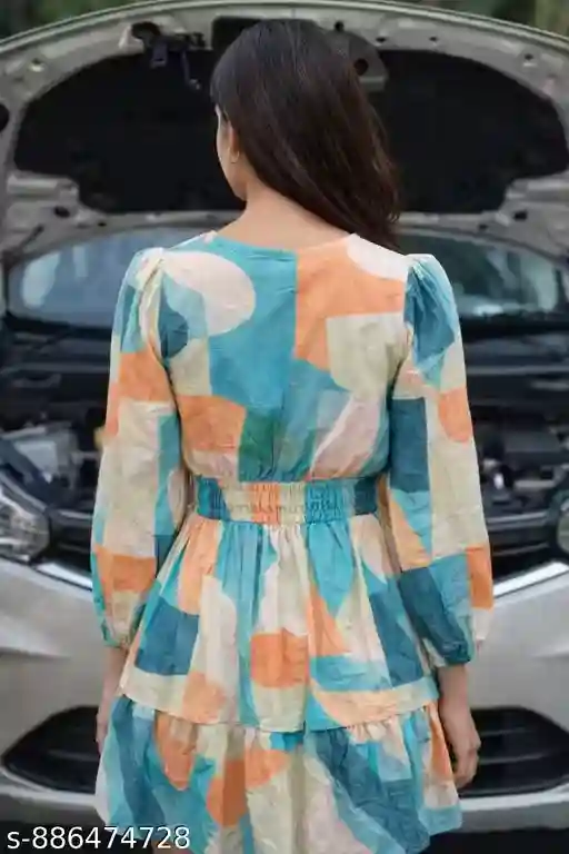 Premium Cotton Textured Smocked Waist Midi Dress for Women with Abstract Geometric Print, V-Neckline, Full-Length Puff Sleeves, Tiered Flared Silhouette, Lightweight Breathable Fabric, Statement Daywear & Vacation Outfit