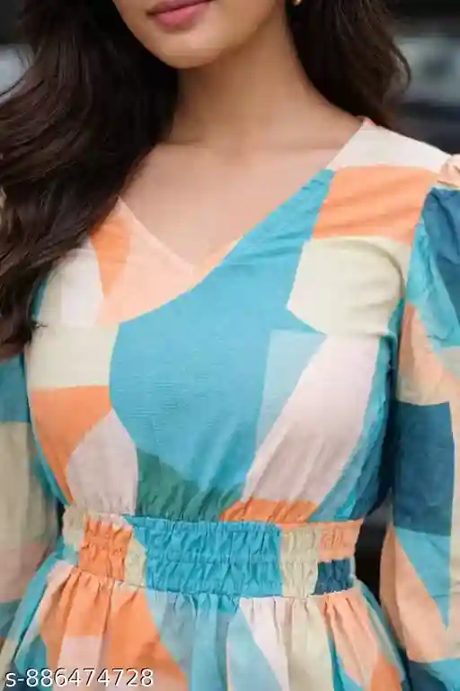 Premium Cotton Textured Smocked Waist Midi Dress for Women with Abstract Geometric Print, V-Neckline, Full-Length Puff Sleeves, Tiered Flared Silhouette, Lightweight Breathable Fabric, Statement Daywear & Vacation Outfit