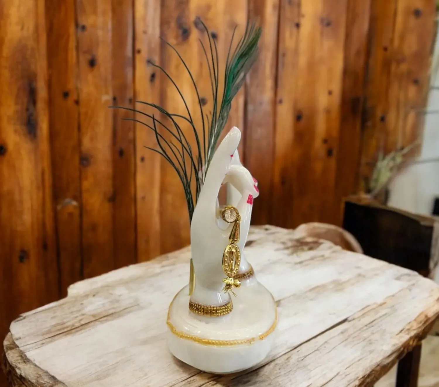 Premium Krishna Hand Sculpture with Flute and Mor Pankh for Spiritual DecorHand Krishnam