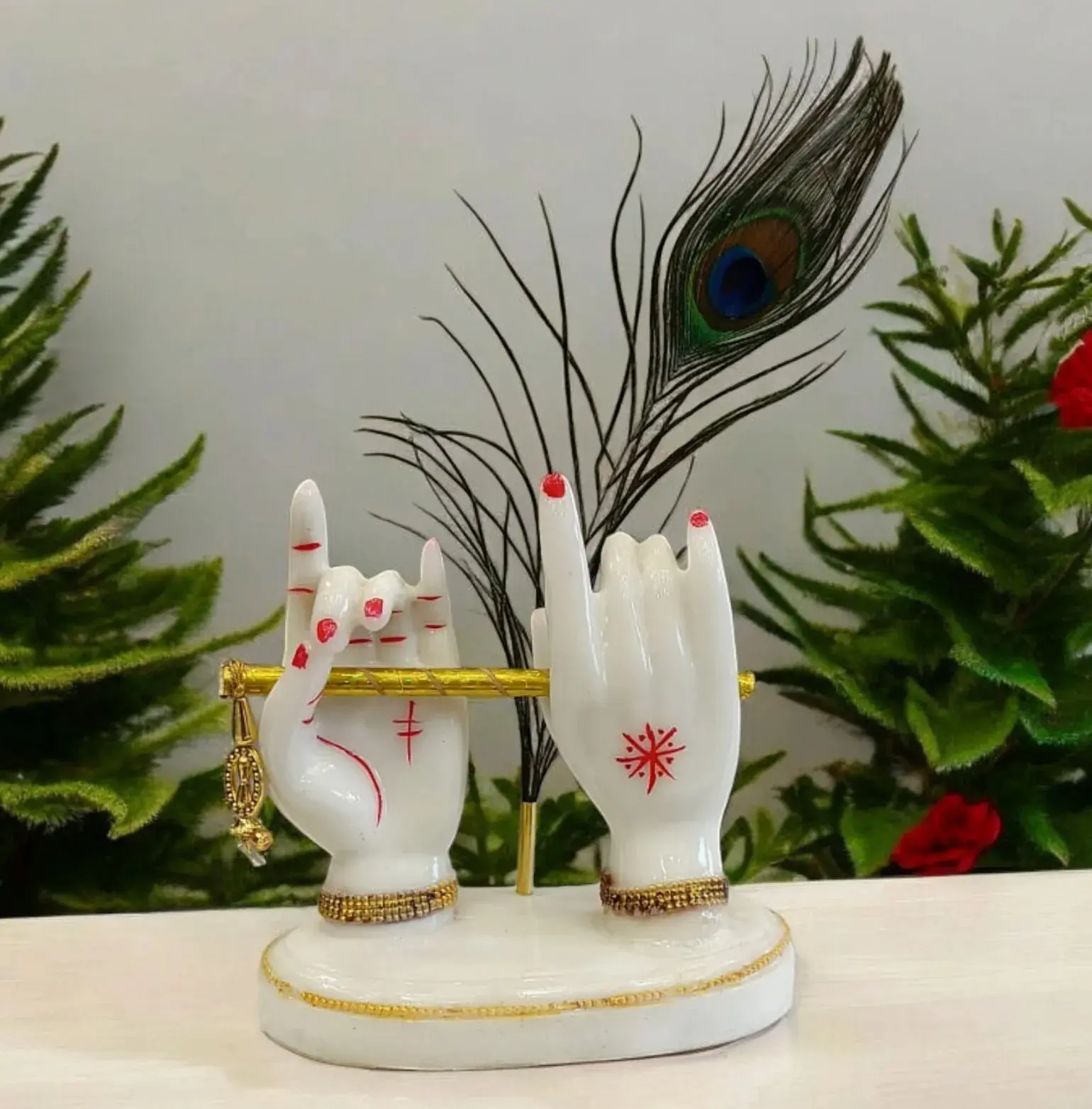 Premium Krishna Hand Sculpture with Flute and Mor Pankh for Spiritual DecorHand Krishnam