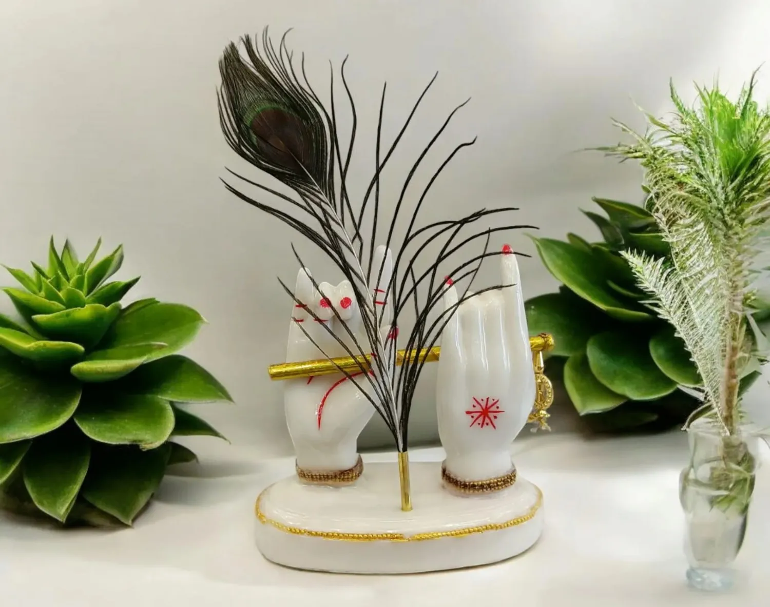 Premium Krishna Hand Sculpture with Flute and Mor Pankh for Spiritual DecorHand Krishnam