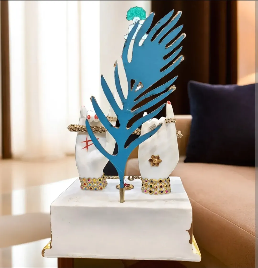 Premium Jai Shri Shyam Radha Krishna Hands with Flute & Golden Peacock Feather Marble Finish Resin Showpiece for Home Temple, Living Room, Office & Gifting