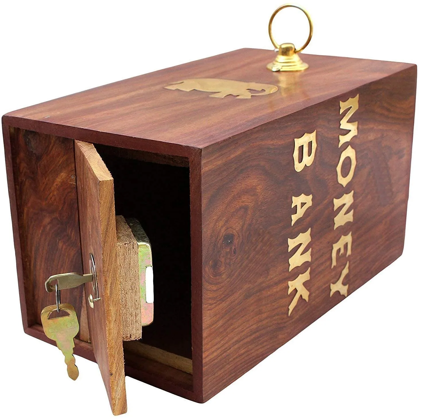 Handcrafted Wooden Money Bank Coin Savings Box with Lock