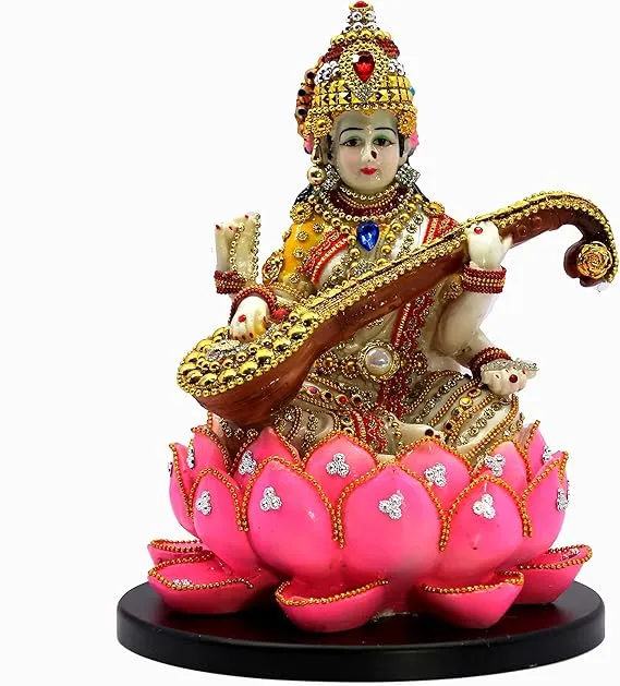 Goddess Saraswati Idol on Lotus with Vee...