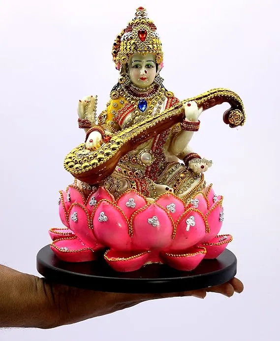 Goddess Saraswati Idol on Lotus with Veena for Home Temple & Décor