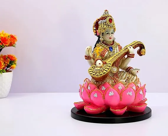 Goddess Saraswati Idol on Lotus with Veena for Home Temple & Décor