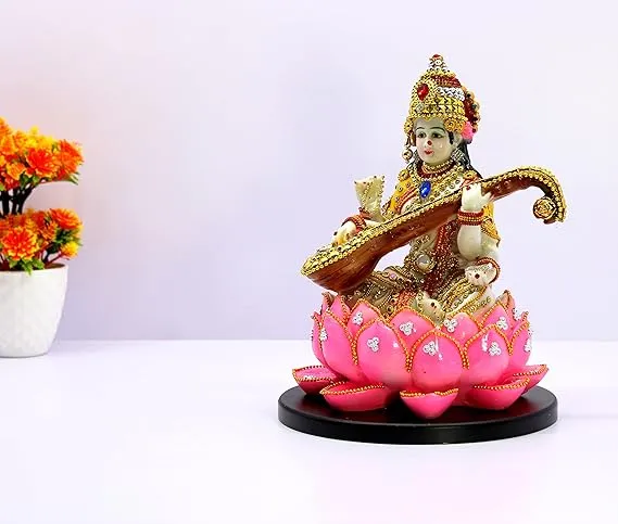 Goddess Saraswati Idol on Lotus with Veena for Home Temple & Décor