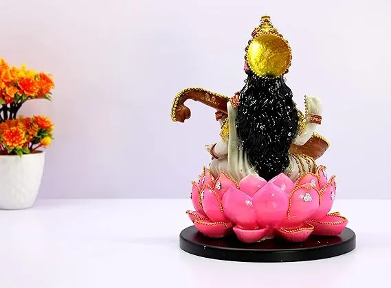 Goddess Saraswati Idol on Lotus with Veena for Home Temple & Décor