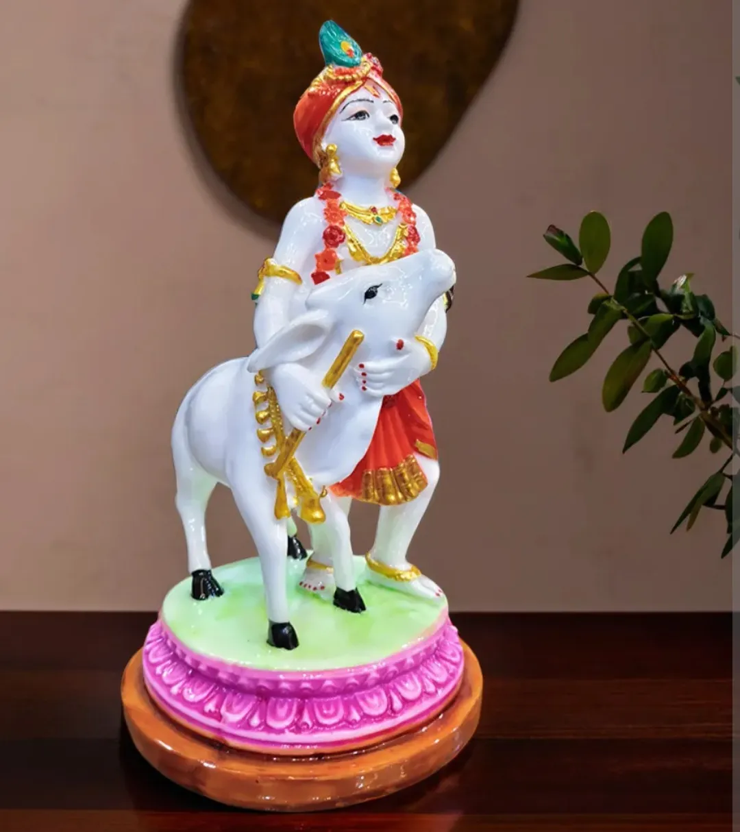 Bal Krishna with Cow Calf Idol – Hand-Painted Decorative Statue for Home Temple, Office & Spiritual Décor
