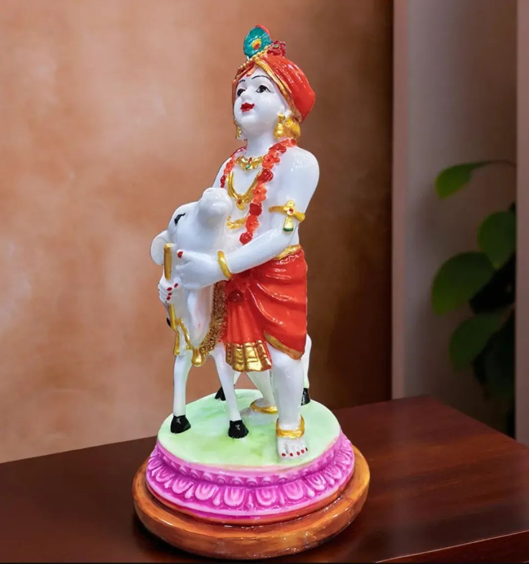 Bal Krishna with Cow Calf Idol – Hand-Painted Decorative Statue for Home Temple, Office & Spiritual Décor