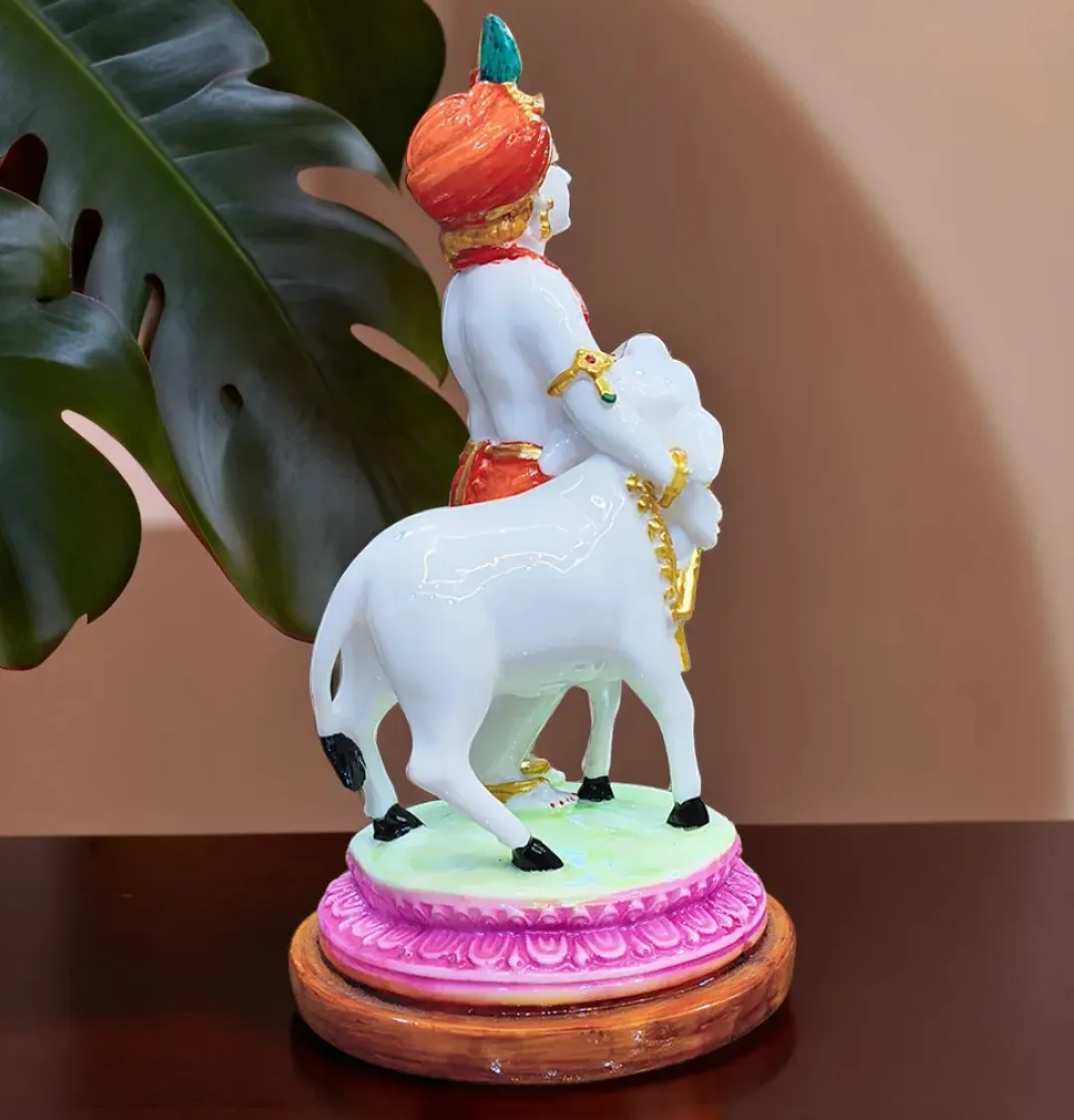 Bal Krishna with Cow Calf Idol – Hand-Painted Decorative Statue for Home Temple, Office & Spiritual Décor