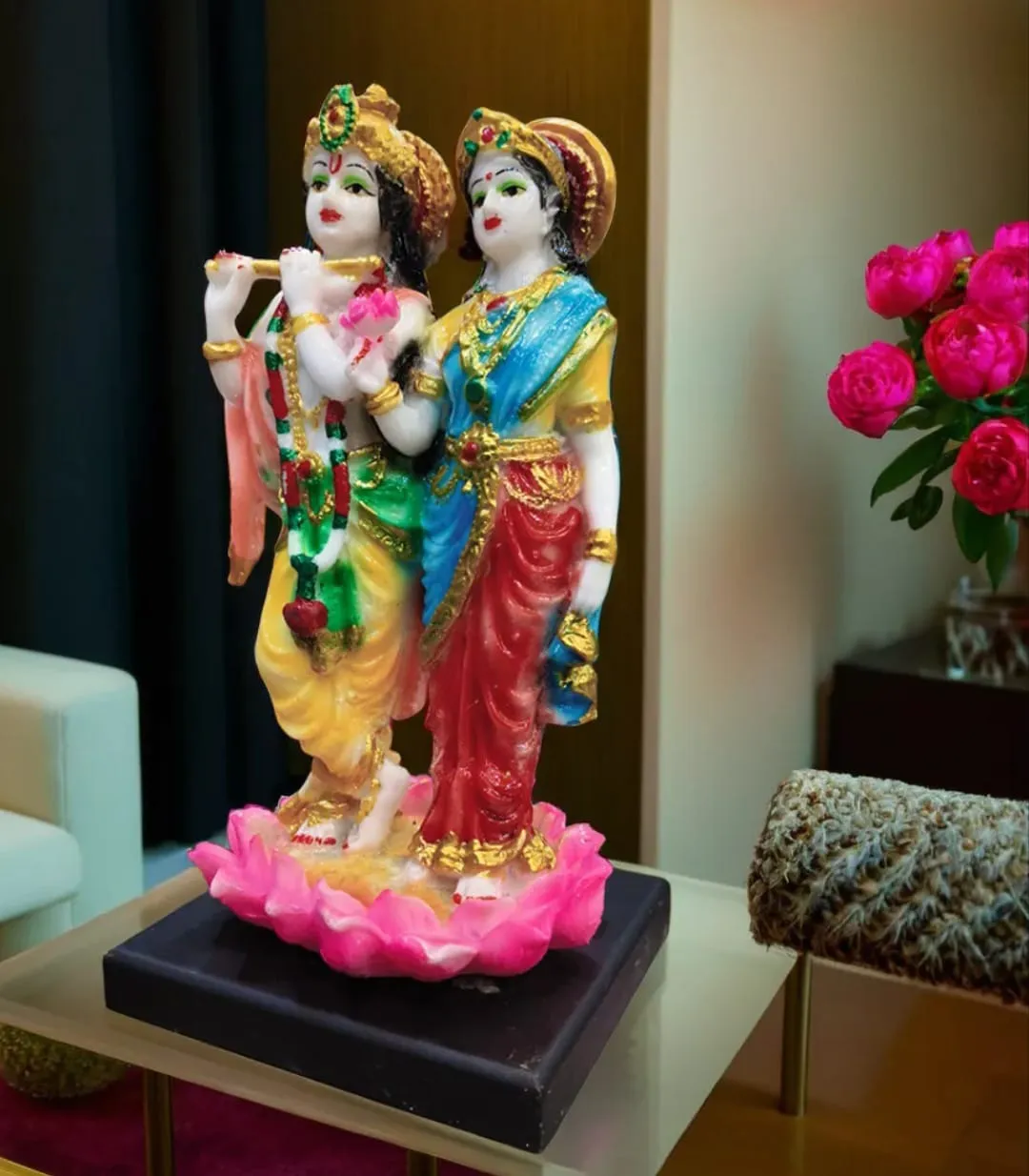 Premium Radha Krishna Resin Idol with Lotus Base | Decorative Spiritual Showpiece for Home Temple, Living Room & Office
