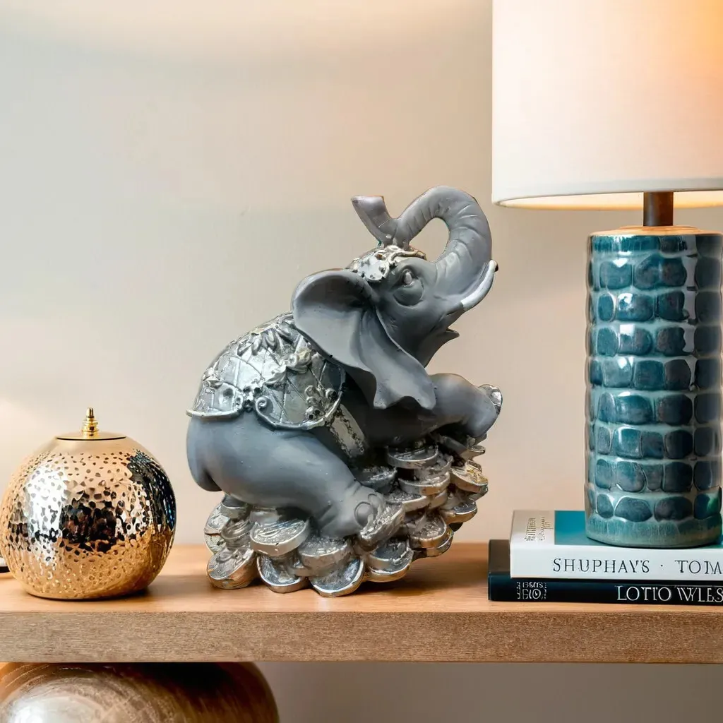 Lucky Elephant Showpiece with Coins – Premium Resin Home Décor