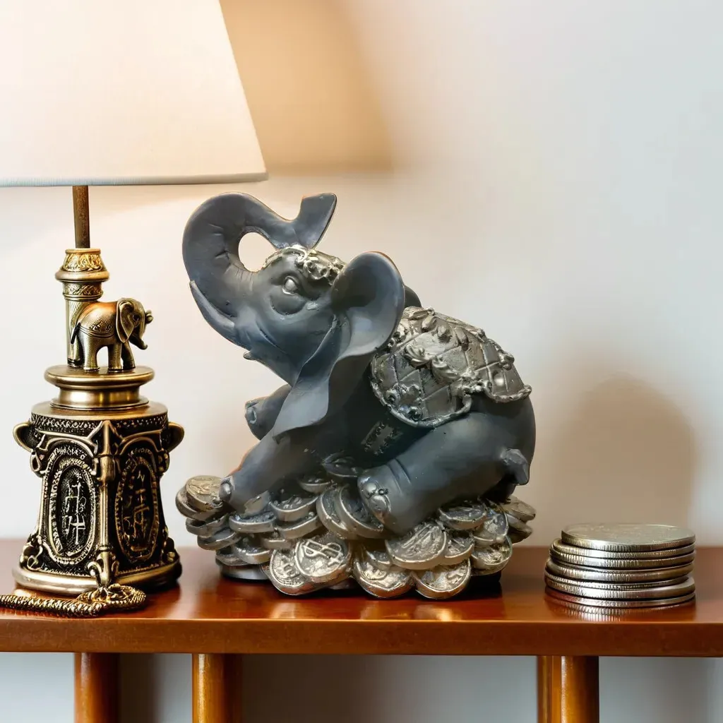 Lucky Elephant Showpiece with Coins – Premium Resin Home Décor