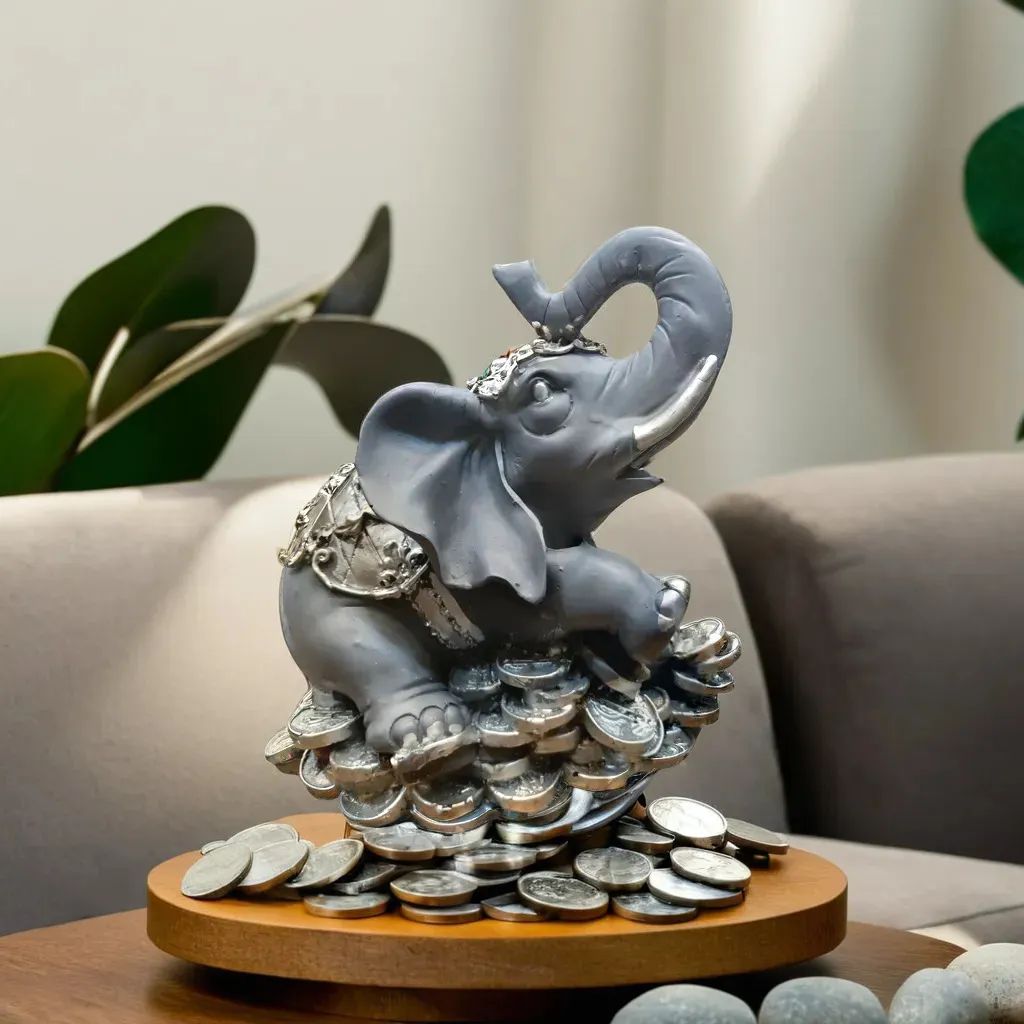 Lucky Elephant Showpiece with Coins – Premium Resin Home Décor