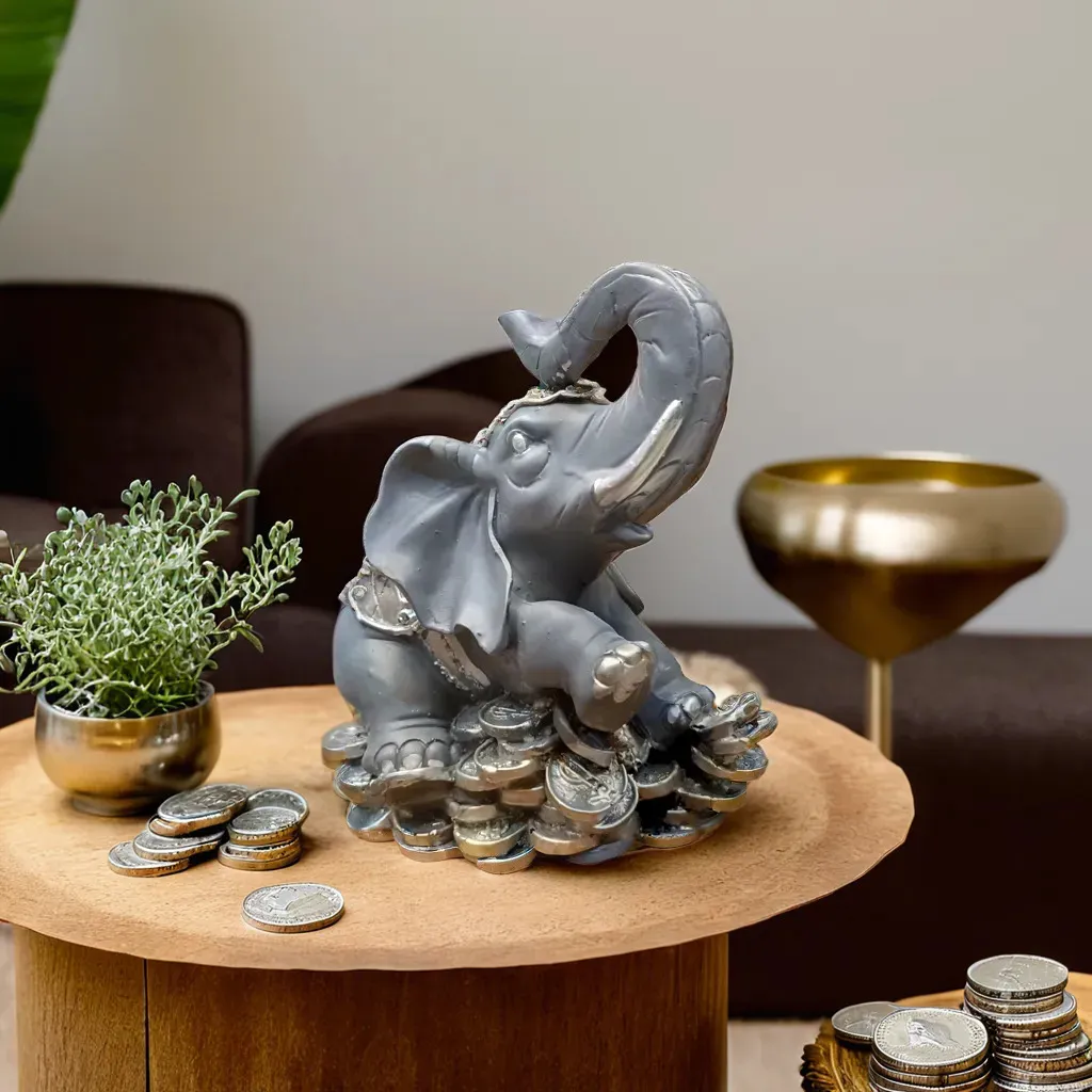 Lucky Elephant Showpiece with Coins – Premium Resin Home Décor