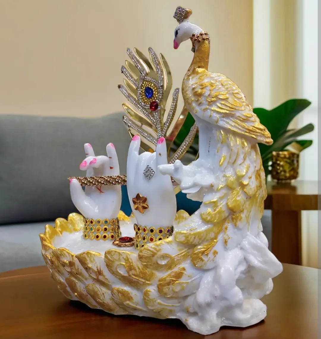 Lord Krishna Flute Stand with Peacock Showpiece – Premium Marble Decor