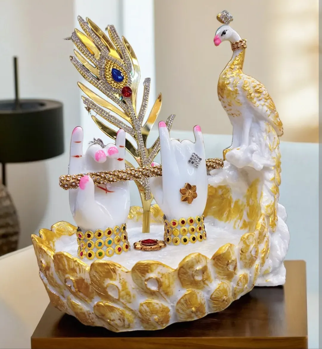 Lord Krishna Flute Stand with Peacock Showpiece – Premium Marble Decor