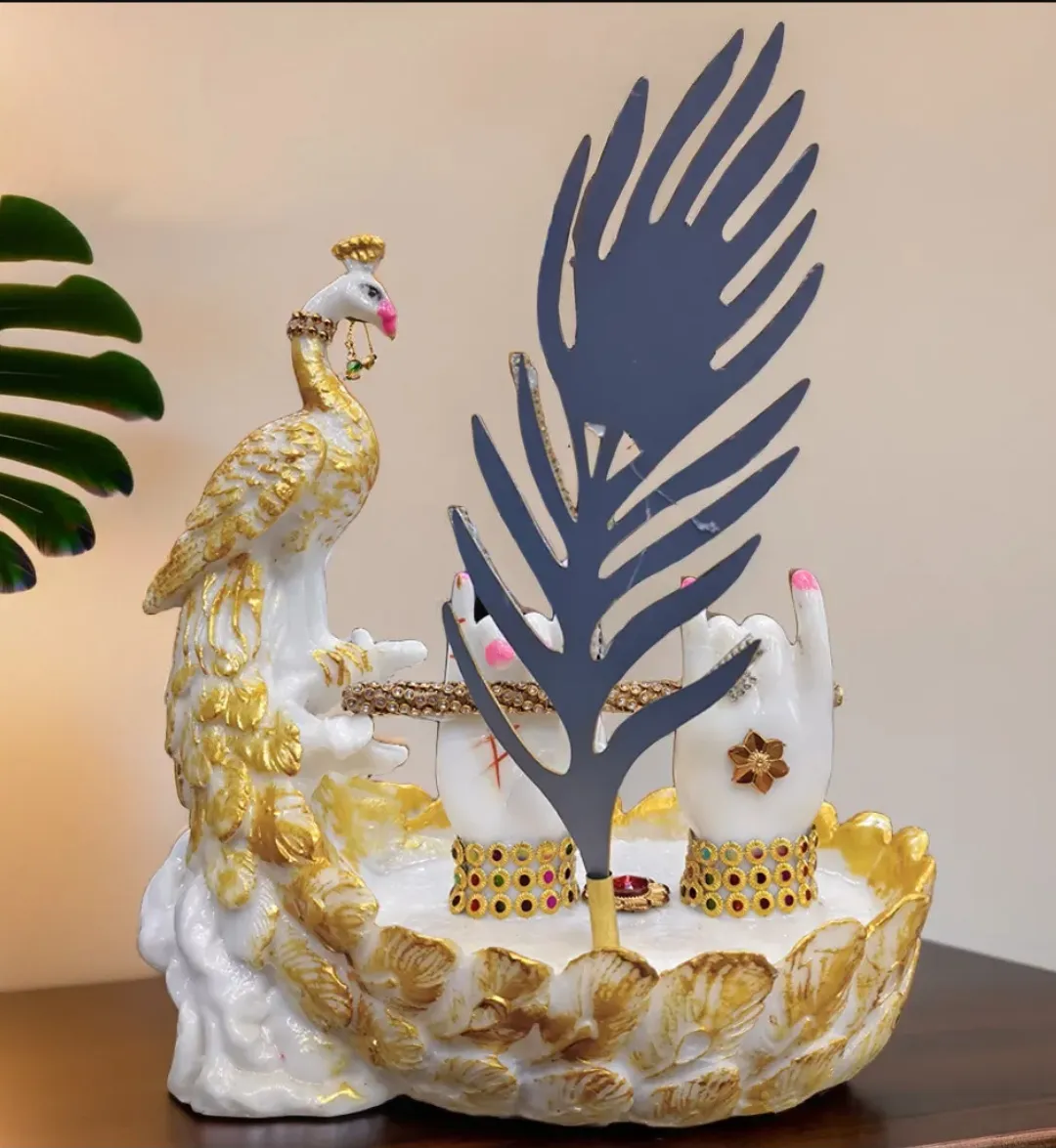 Lord Krishna Flute Stand with Peacock Showpiece – Premium Marble Decor
