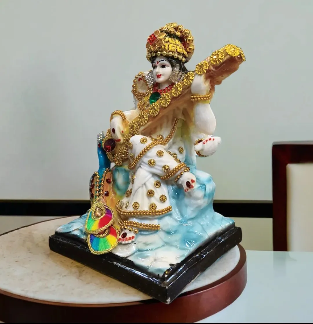 Handcrafted Resin Saraswati Idol with Veena & Peacock | Decorative Goddess Statue for Home Temple, Office & Gifting